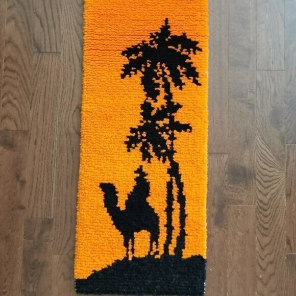 60s Latch Hook Wall Hanging 14"x39" Vintage MCM Orange Black Camel Rider Palm - Picture 2 of 9